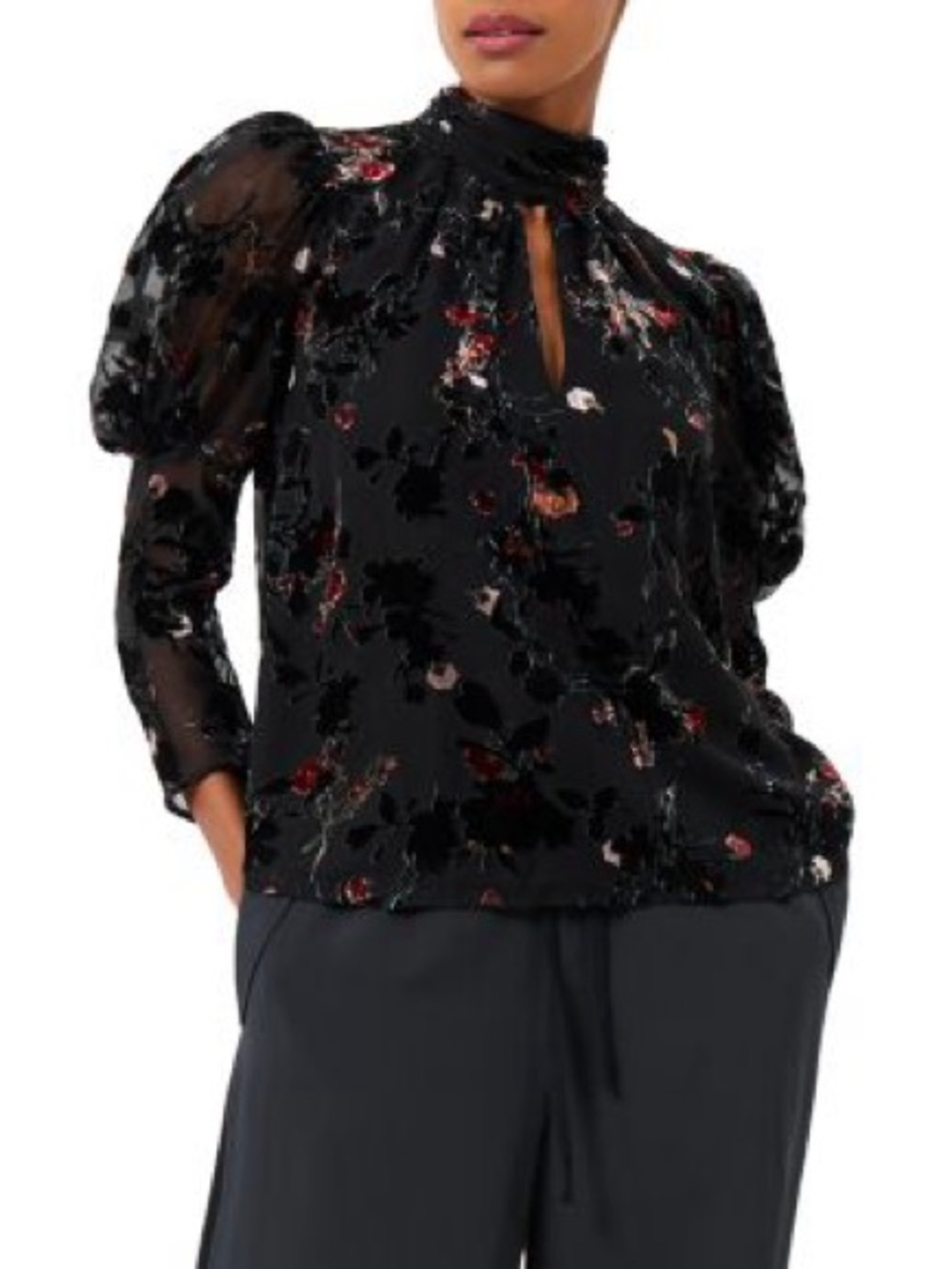 French Connection Top Womens XS Black Guthern Floral Velvet Burnout Whimsigoth